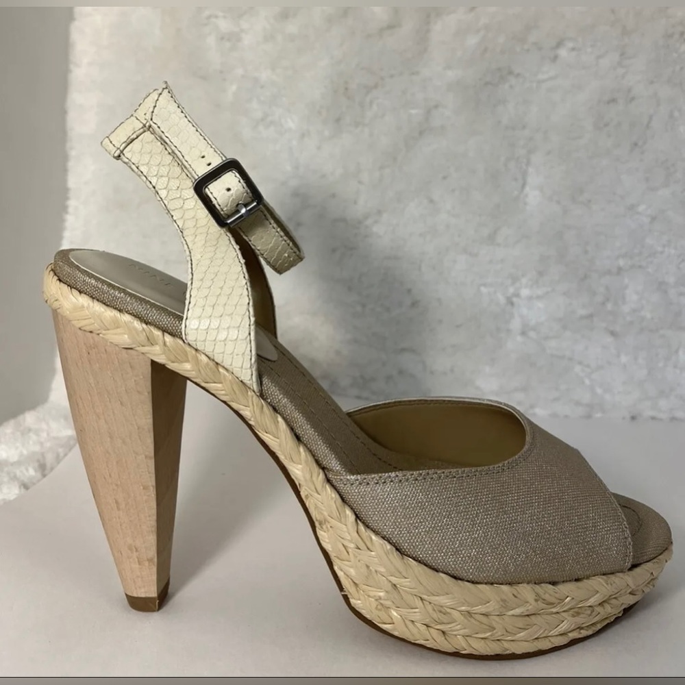 Nine West-NW Casting, Leather/Textile, Braided Trim, Wooden Heel, Sandal. Size-8